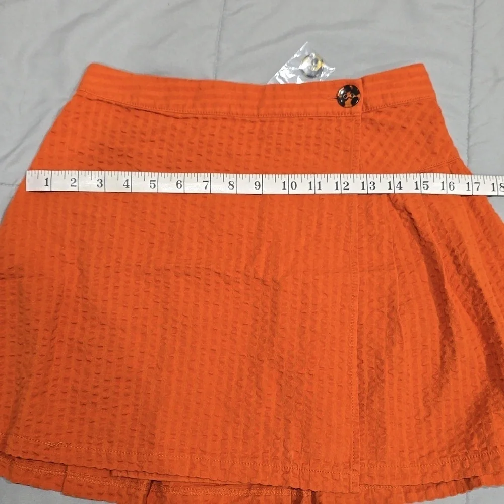 URBAN OUTFITTERS Orange Seersucker Wrap Mini Skirt, Linen Blend, Pleated Back, S - Picture 14 of 15